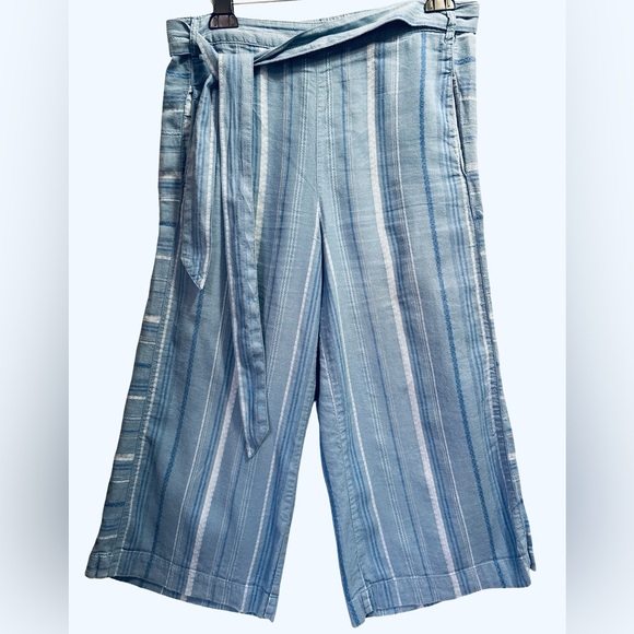 Anthropologie Blue and White Textured Striped Linen Blend Wide Leg Pants Medium - Picture 2 of 6